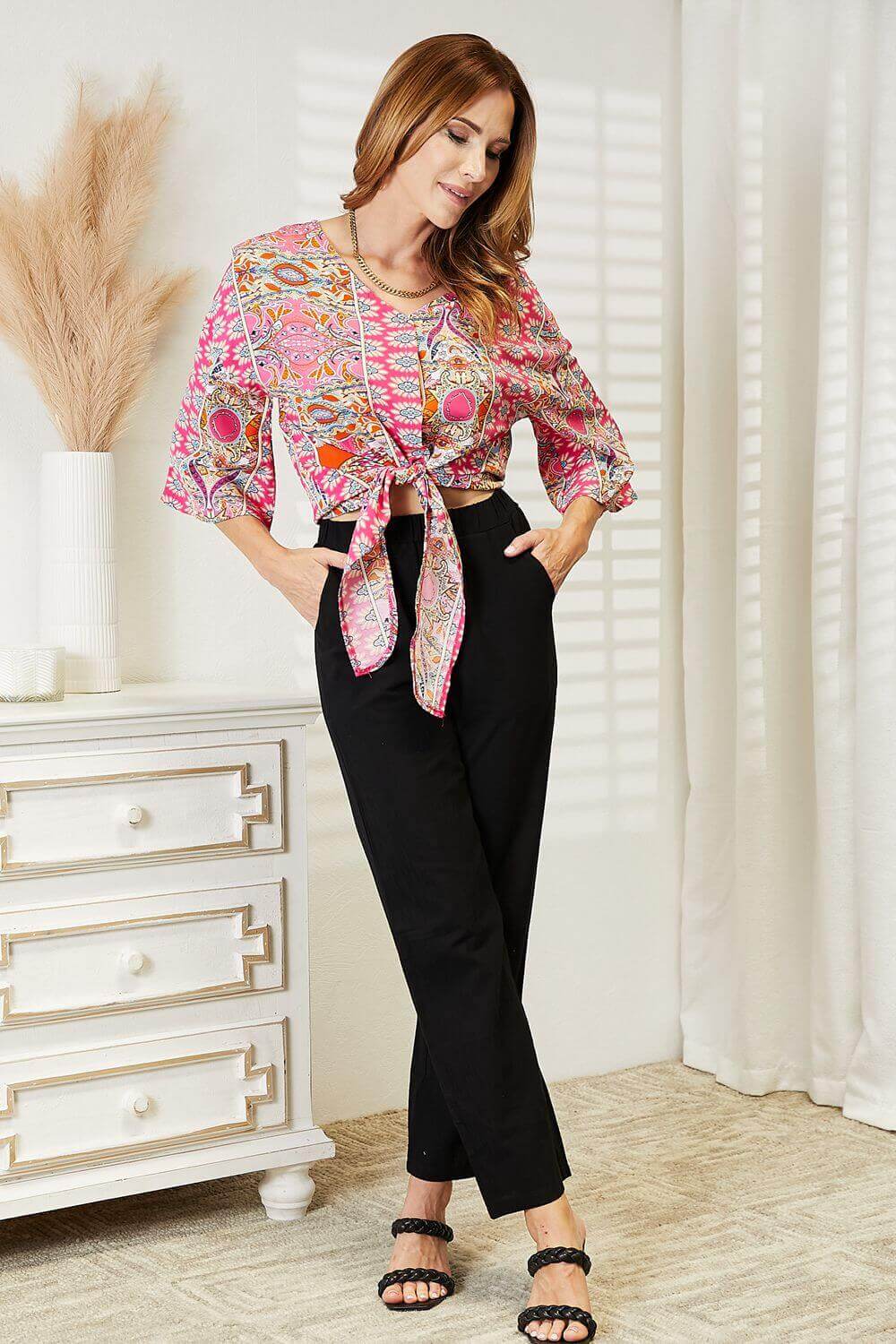 DOUBLE TAKE Tie Hem V-Neck Three-Quarter Sleeve Blouse at Bella Road