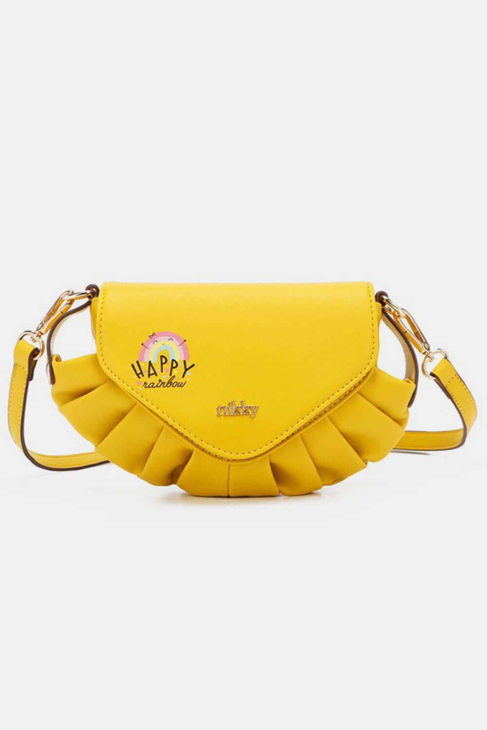 Nicole Lee USA yellow graphic crossbody bag with adjustable strap, featuring "Happy Rainbow" design.