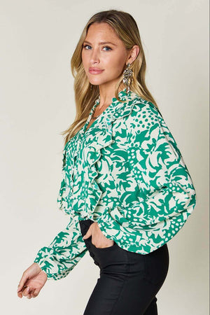 DOUBLE TAKE Full Size Printed Ruffle Trim Balloon Sleeve Shirt at Bella Road