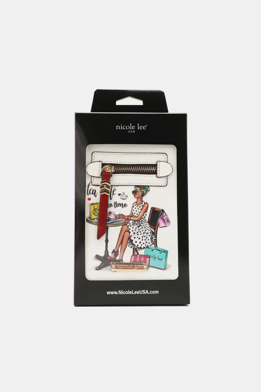 Nicole Lee USA small crossbody wallet in packaging featuring stylish illustration and adjustable strap for versatile carrying options