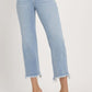 High Rise Raw Edge Crop Jeans with Pocket and Slight Stretch in Light Blue Denim, Showcasing Modern Raw Hem and Cropped Above Ankle