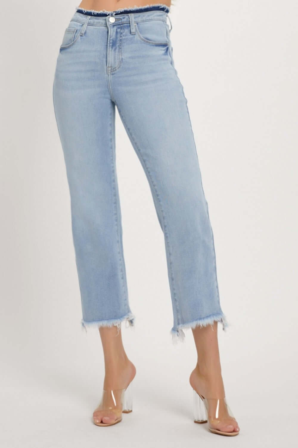 High Rise Raw Edge Crop Jeans with Pocket and Slight Stretch in Light Blue Denim, Showcasing Modern Raw Hem and Cropped Above Ankle