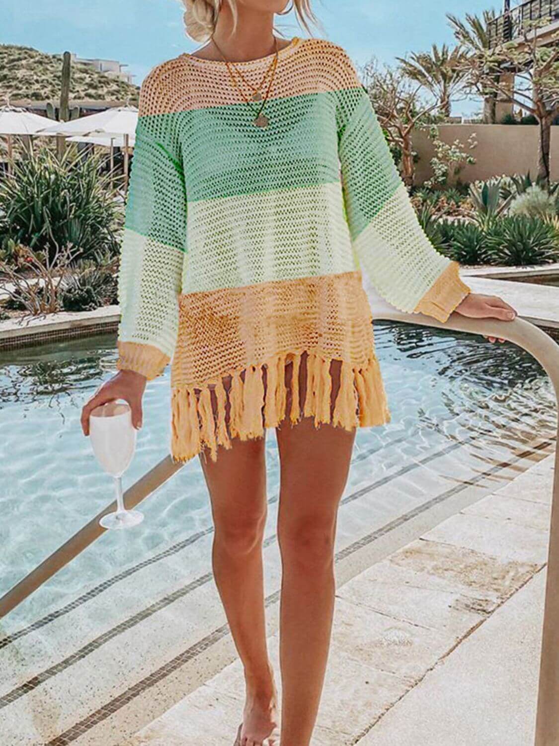 DOUBLE TAKE Openwork Tassel Hem Long Sleeve Knit Cover Up at Bella Road