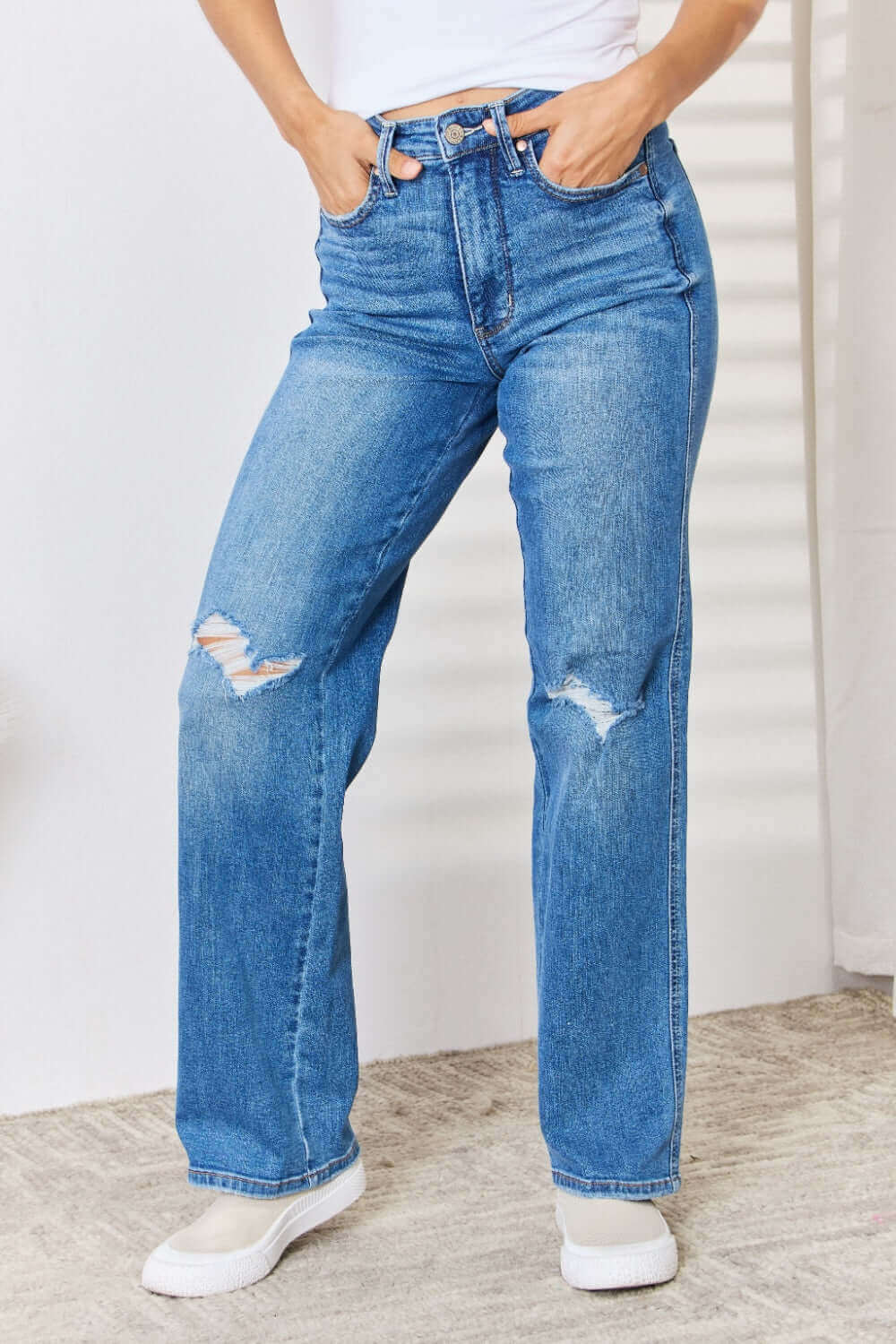 High Waist Distressed Straight-Leg Judy Blue Jeans full size, stylish and trendy with a flattering silhouette and edgy detailing.