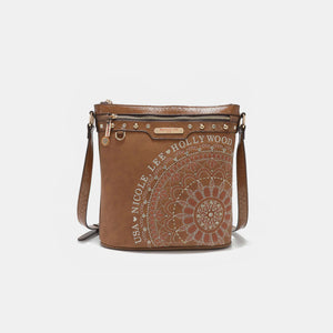 Nicole Lee USA crossbody bag with metallic stitching, embroidery, and rhinestones, featuring front and back zip pockets for practical storage