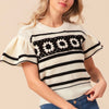 Granny Square Short Sleeve Striped Sweater - Ivory/Black