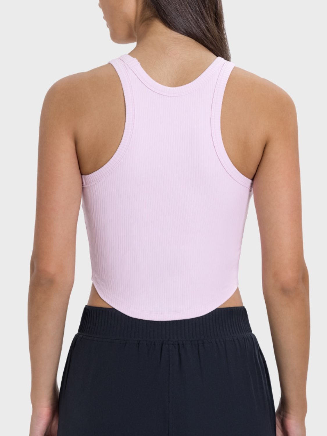 Back view of a pink Millennia round neck racerback active tank with moderate stretch, perfect for workouts.