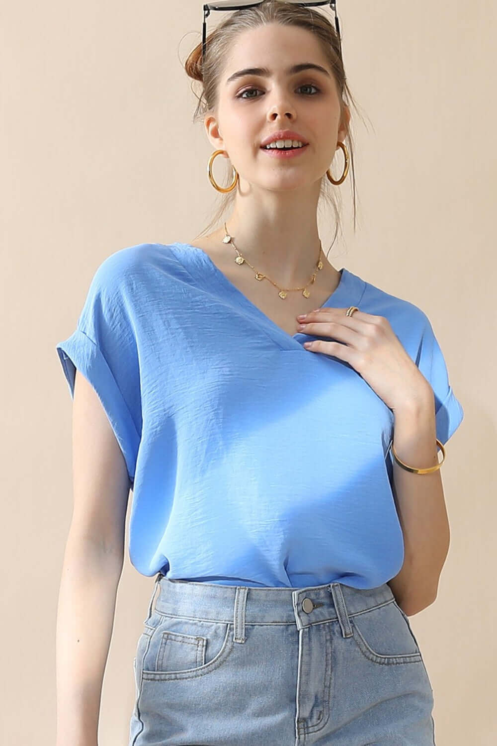 NINEXIS V-Neck Trim Rolled Short Sleeve Shirt at Bella Road