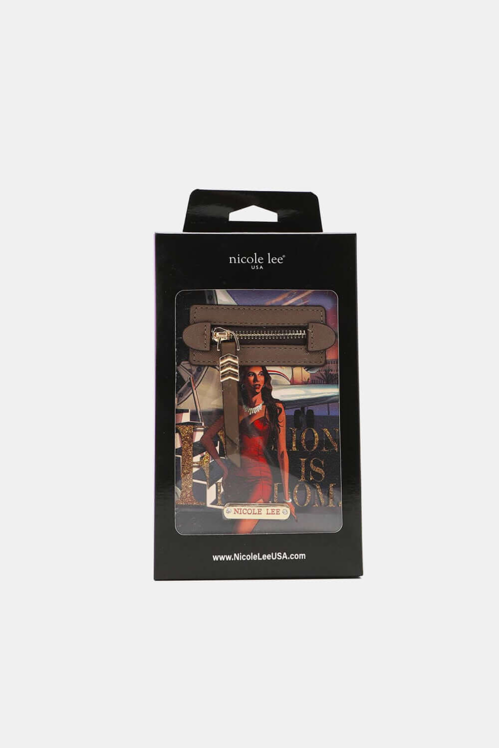 Nicole Lee USA small crossbody wallet in packaging showing a model in a red dress, front compartment visible.