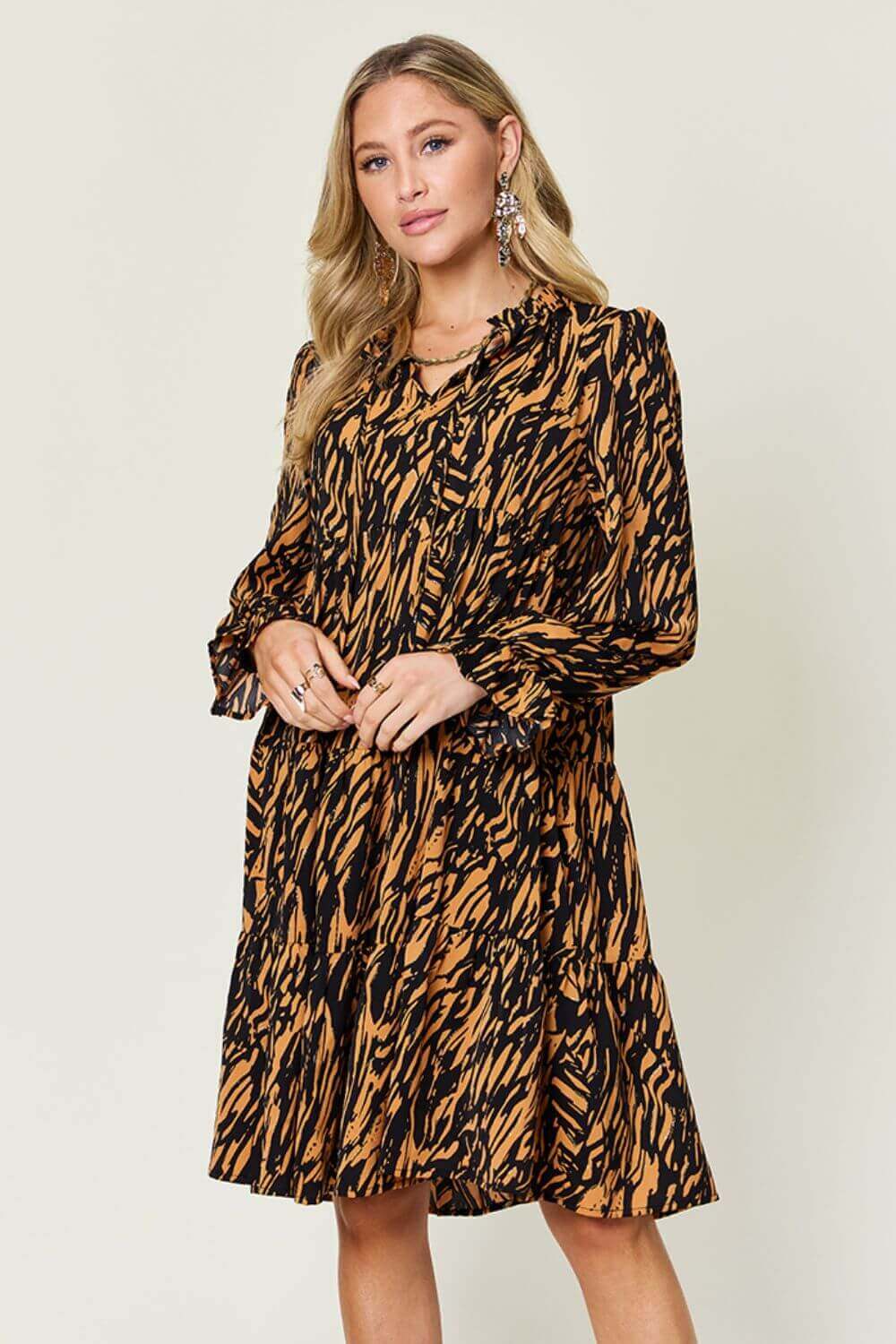 DOUBLE TAKE Full Size Printed Ruffle Hem Long Sleeve Dress at Bella Road