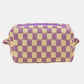 Stylish checkered pattern knitted cosmetic pouch in purple and yellow, perfect for organizing makeup essentials.