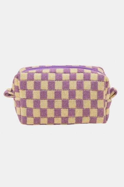 Stylish checkered pattern knitted cosmetic pouch in purple and yellow, perfect for organizing makeup essentials.