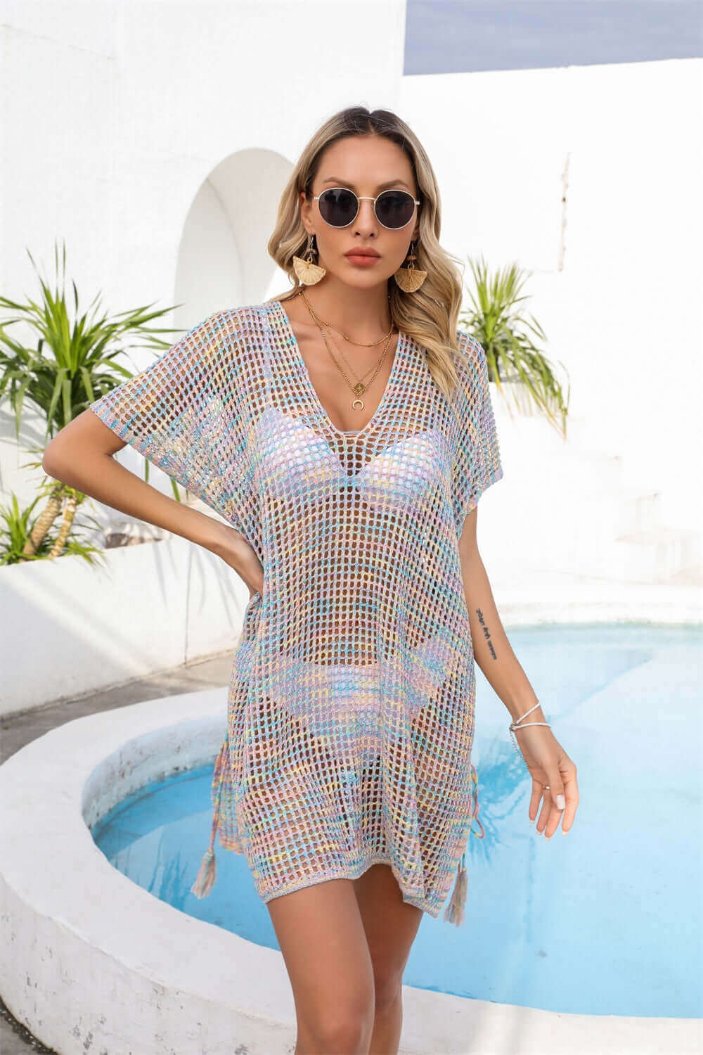 BELLA ROAD Openwork Slit V-Neck Cover Up at Bella Road