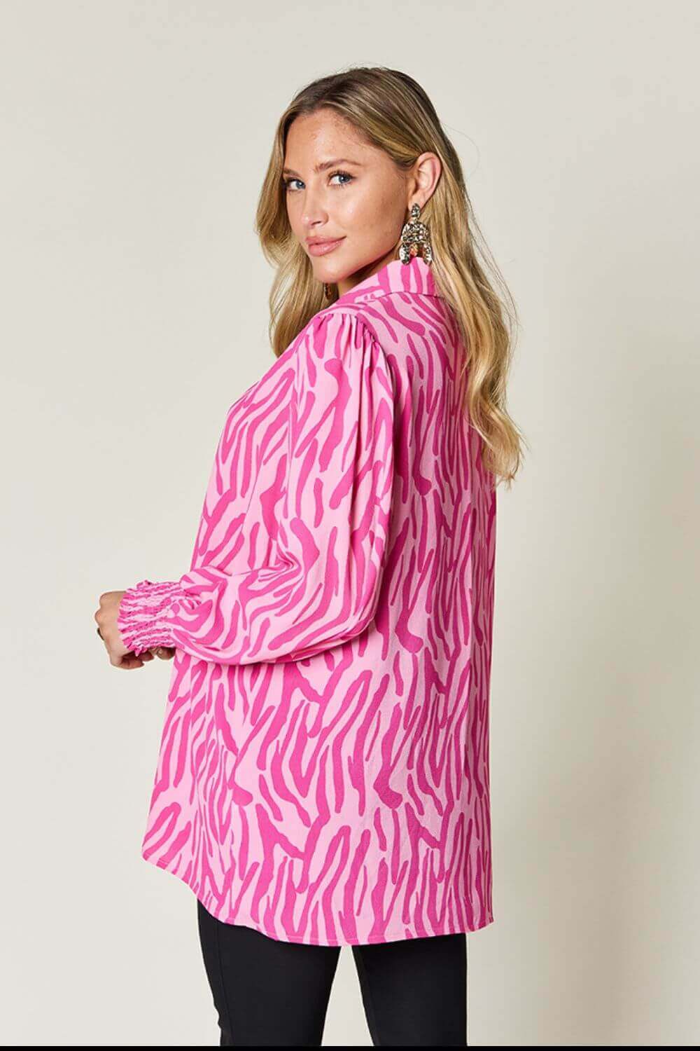 DOUBLE TAKE Full Size Printed Smocked Long Sleeve Blouse at Bella Road