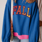 Bella Road Fall Graphic Contrast Long Sleeve Sweatshirt in blue with pink accents, featuring "FALL" text design, perfect for cooler weather