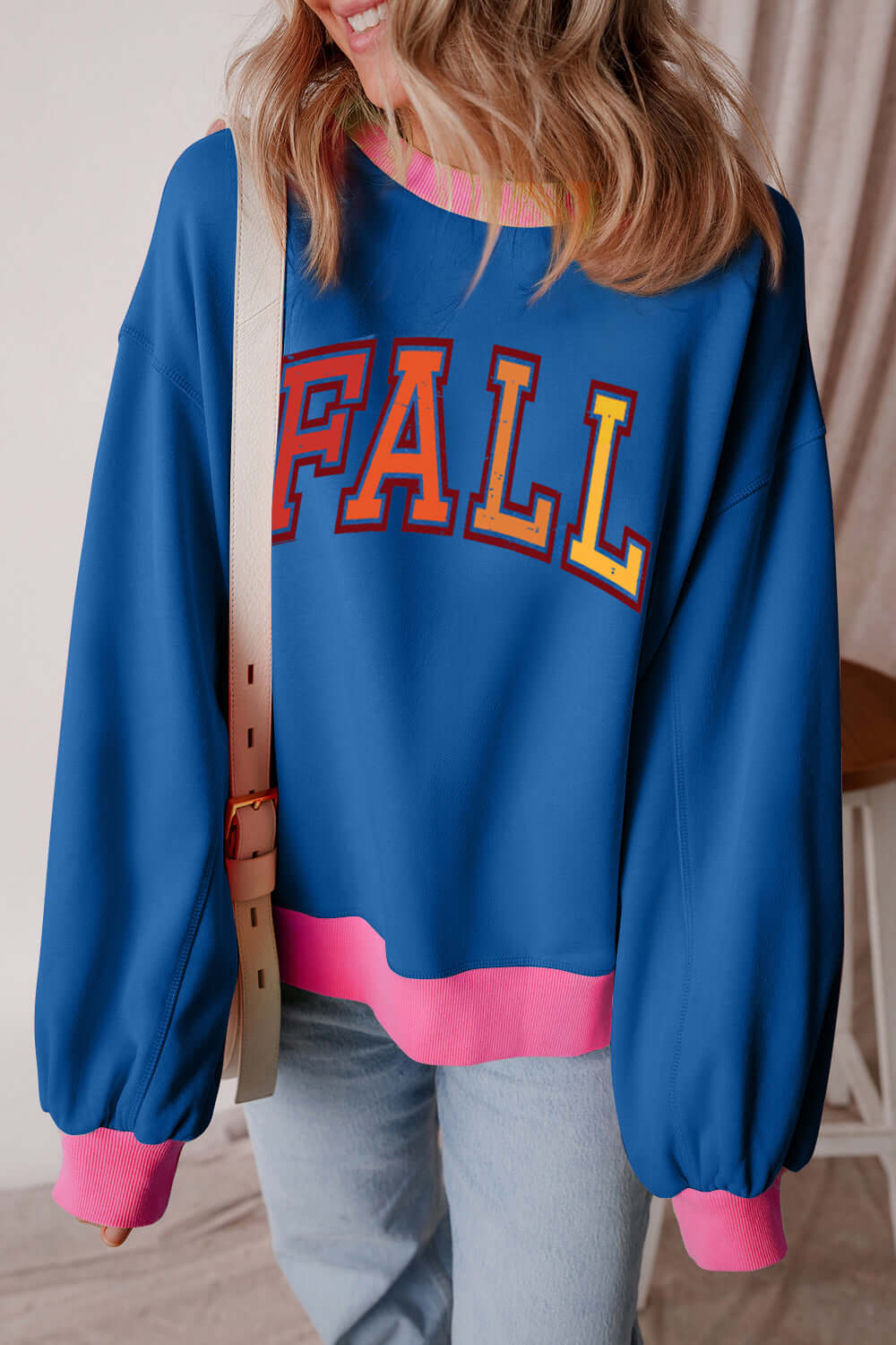 Bella Road Fall Graphic Contrast Long Sleeve Sweatshirt in blue with pink accents, featuring "FALL" text design, perfect for cooler weather