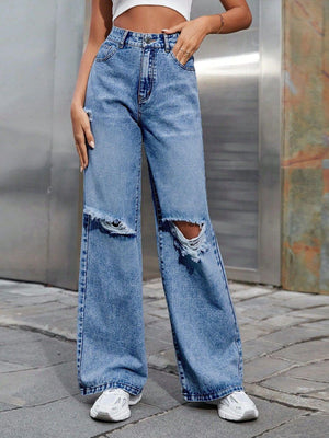 Stylish Bella Road Distressed Wide Leg Jeans with Pockets for a trendy street look. Comfortable, slightly stretchy denim.