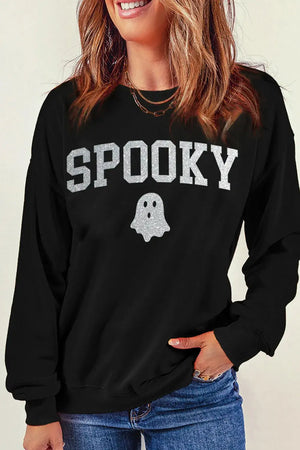 Bella Road SPOOKY black sweatshirt with ghost design, round neck, long sleeves, perfect for Halloween, casual and cozy style.