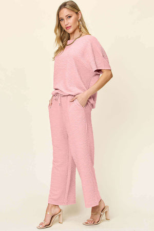 DOUBLE TAKE Full Size Texture Short Sleeve Top and Pants Set at Bella Road