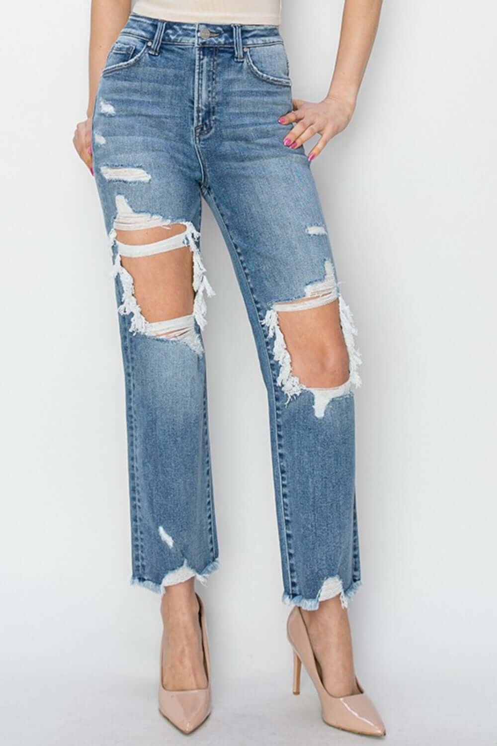 High Rise Distressed Crop Straight Jeans by Risen Jeans - Trendy blue jeans with edgy rips and a flattering high waist, perfect for showcasing stylish shoes