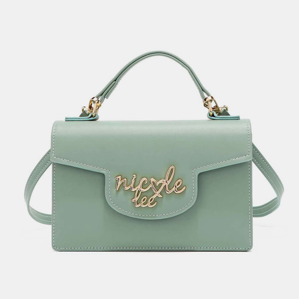 Nicole Lee USA small crossbody wallet in mint green vegan leather with gold logo, versatile and compact design with adjustable strap