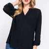 Notched Long Sleeve Woven Top | Full Size - Black