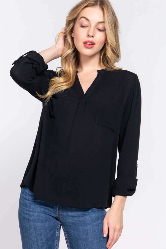 ACTIVE BASIC Full Size Notched Long Sleeve Woven Top at Bella Road