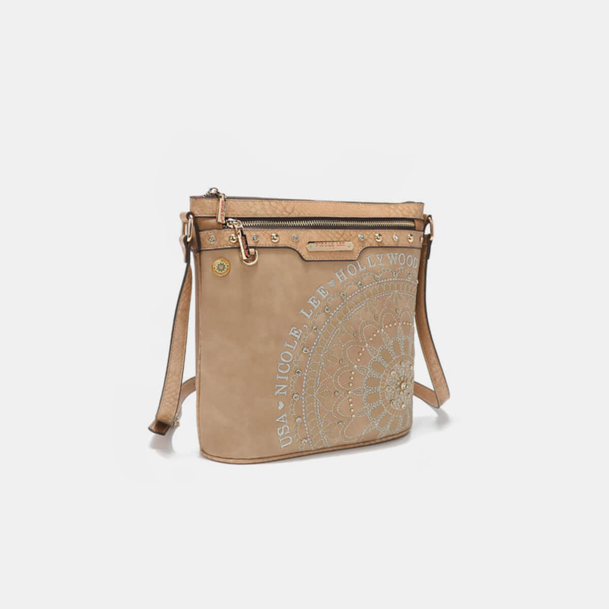 Nicole Lee USA crossbody bag in tan with metallic stitching and diamond rhinestones, featuring front and back zip pockets for practical storage.