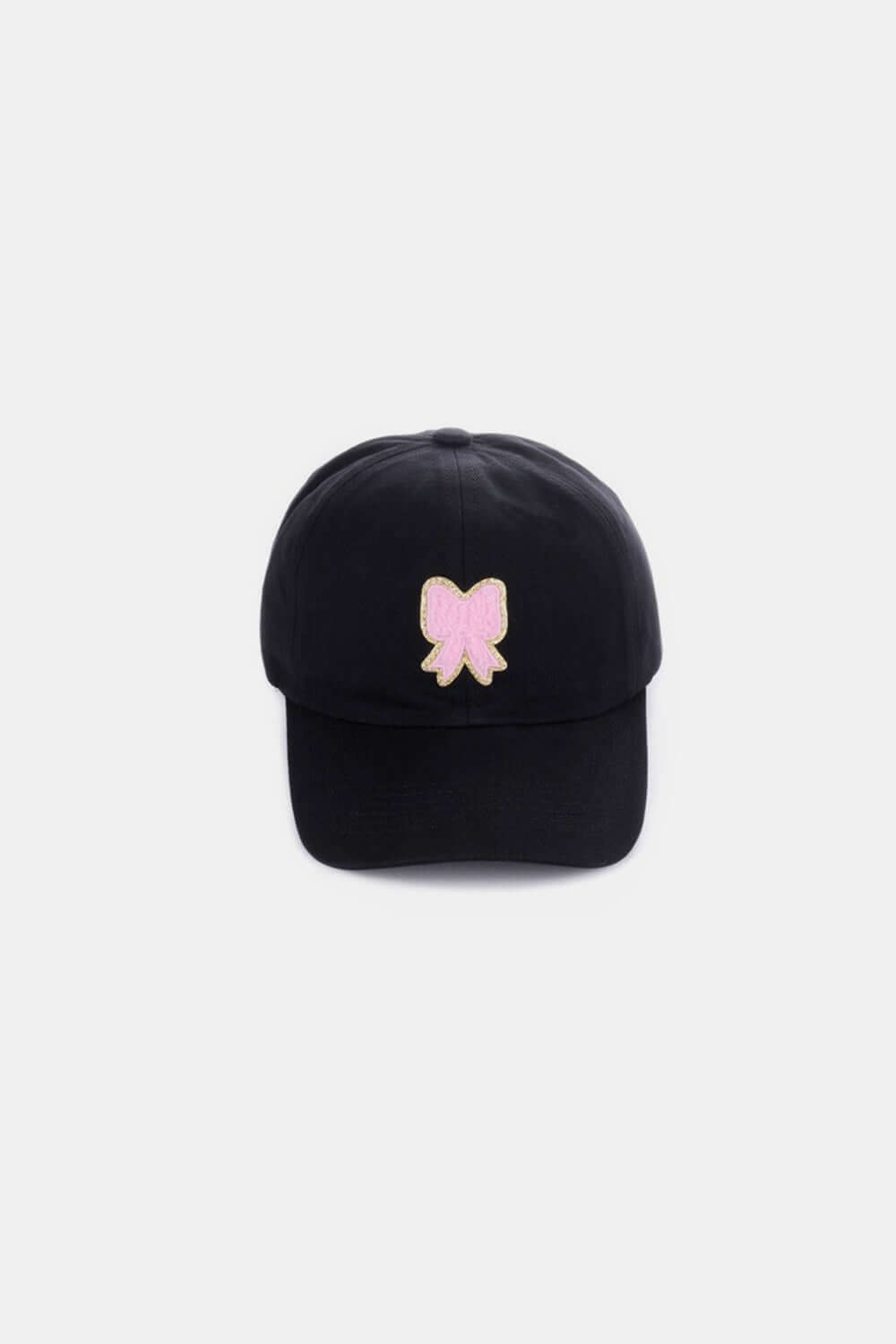 Ribbon Bow Chenille Patch Baseball Cap with pink bow design on black hat