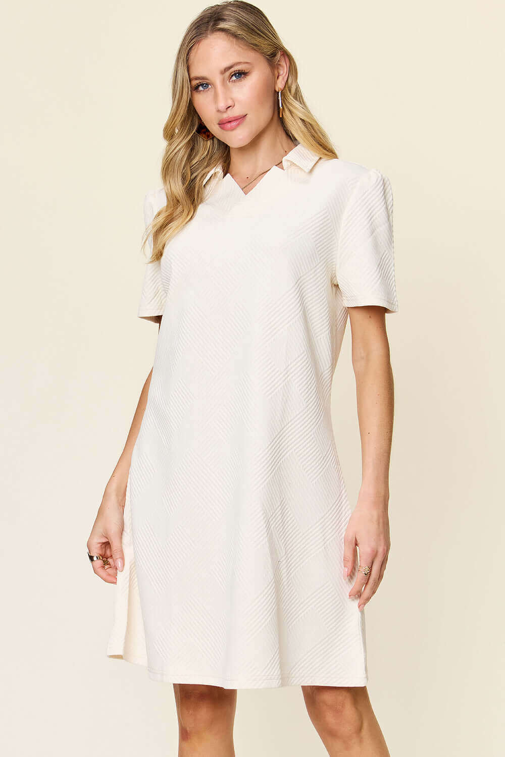 DOUBLE TAKE Full Size Texture Collared Neck Short Sleeve Dress at Bella Road