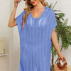 Openwork Short Sleeve Slit Knit Cover Up - Sky Blue