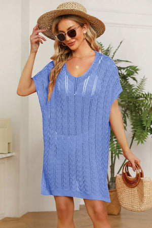 DOUBLE TAKE Openwork Short Sleeve Slit Knit Cover Up at Bella Road