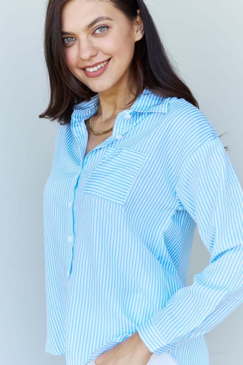 DOUBLJU She Means Business Striped Button Down Shirt Top at Bella Road