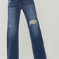 RISEN full size high rise distressed wide leg jeans, trendy high-waisted fit, slightly stretchy denim, casual streetwear-inspired look