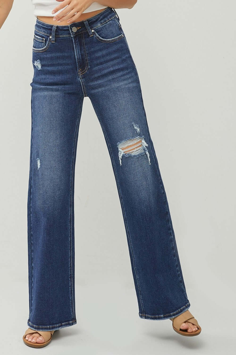 RISEN full size high rise distressed wide leg jeans, trendy high-waisted fit, slightly stretchy denim, casual streetwear-inspired look