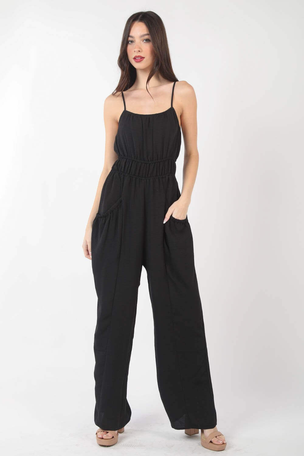 VERY J Pintuck Detail Woven Sleeveless Jumpsuit at Bella Road