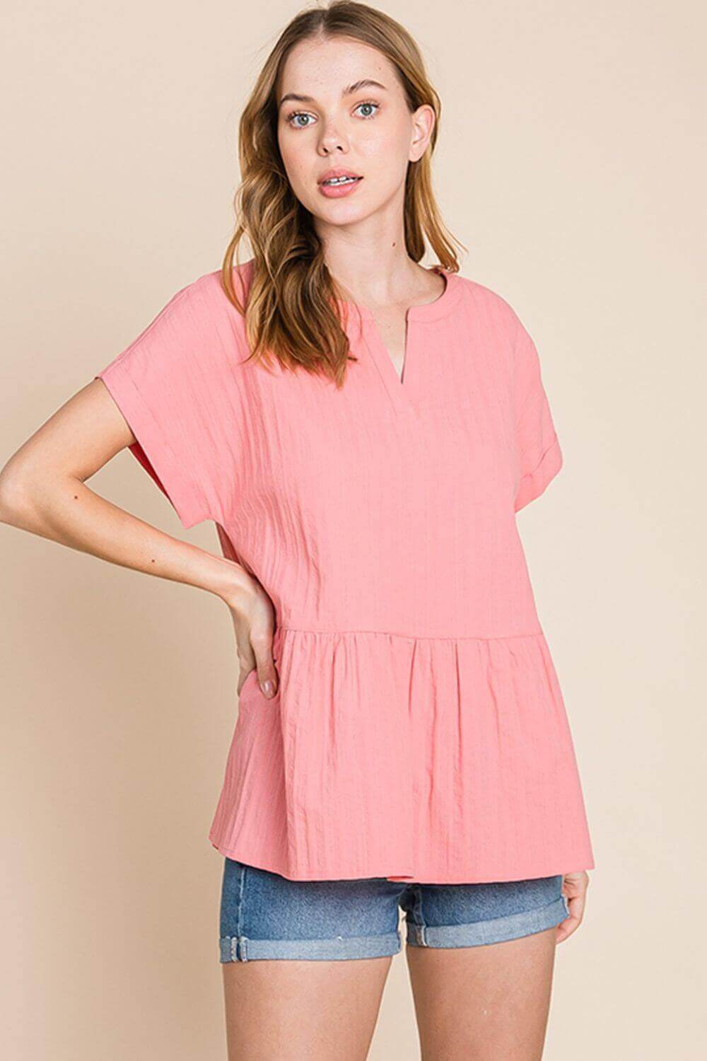 COTTON BLEU Notched Short Sleeve Peplum Top at Bella Road