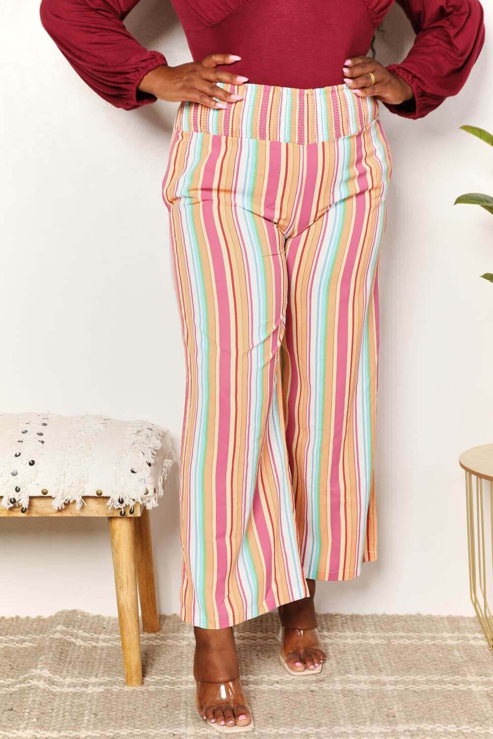 DOUBLE TAKE Striped Smocked Waist Pants with Pockets at Bella Road