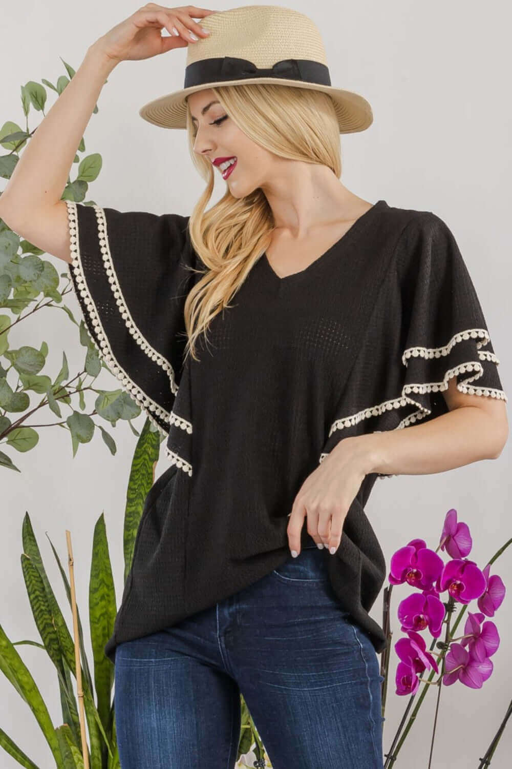 CELESTE Full Size V-Neck Lace Trim Flutter Sleeve Top at Bella Road