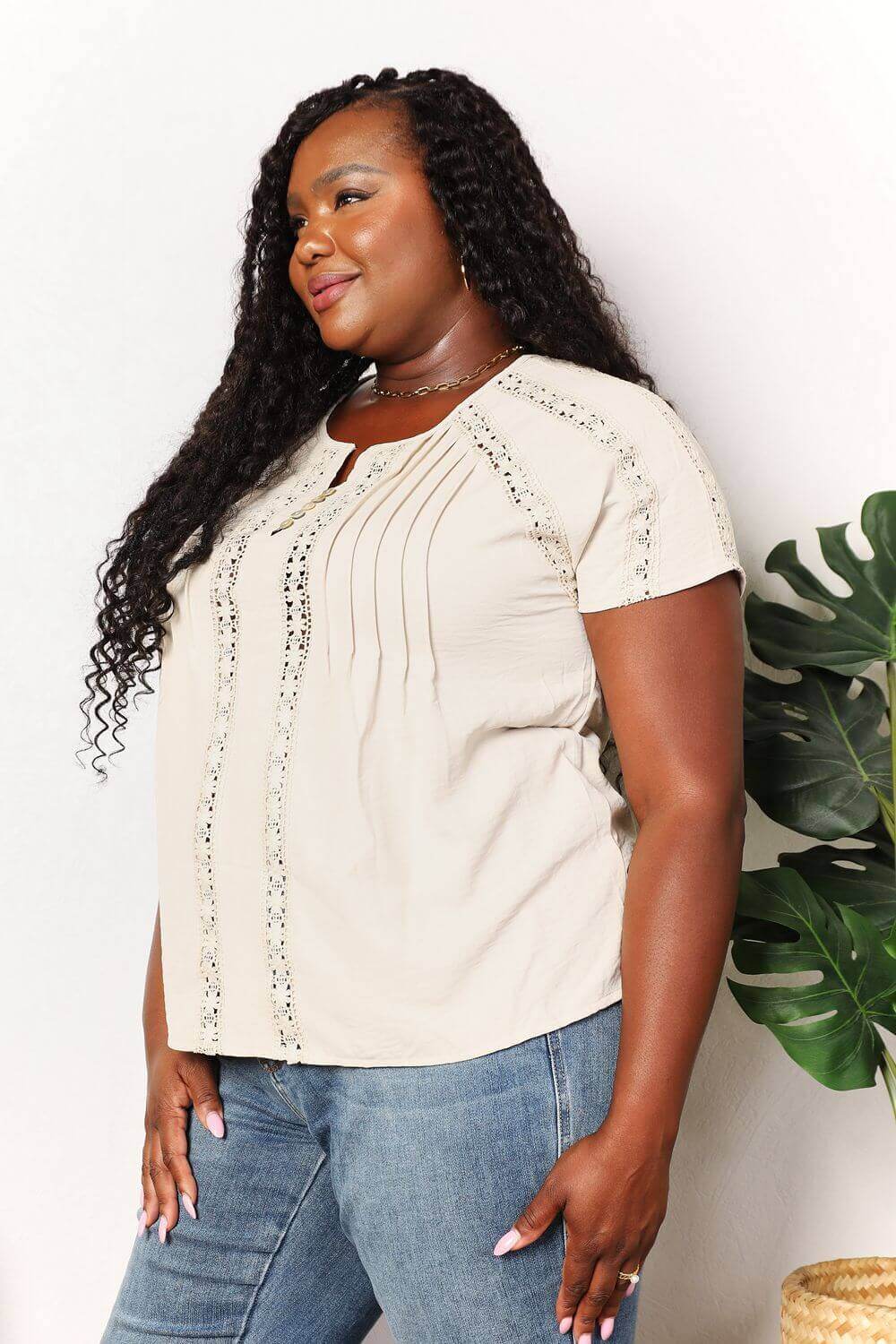 DOUBLE TAKE Crochet Buttoned Short Sleeves Top at Bella Road