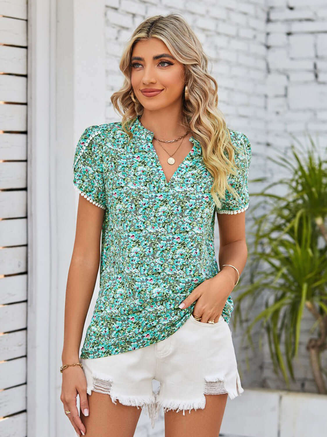 DOUBLE TAKE Floral Notched Neck Blouse at Bella Road