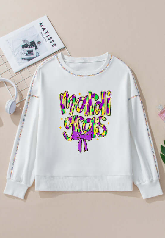 Bella Road MARDI GRAS Round Neck Long Sleeve Sweatshirt with colorful "Mardi Gras" graphic and bow design. Perfect for festive celebrations!