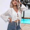 Drawstring V-Neck Long Sleeve Cover Up - White