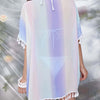 Full Size Tassel Scoop Neck Half Sleeve Cover Up - Stripe