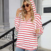 Drawstring Striped Long Sleeve Hoodie - Deep Red