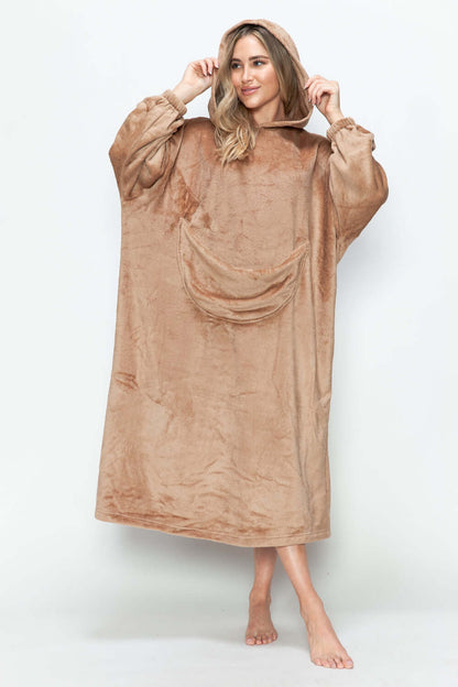 Cozy hooded lounge dress in soft brown fabric, perfect for lounging with large front pocket and relaxed fit.