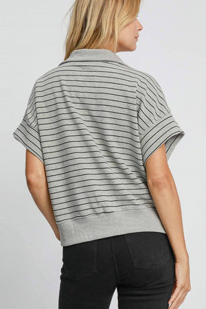 Stylish back view of Umgee striped half zip short sleeve sweatshirt, perfect for spring and summer wear.