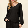 Texture V-Neck Long Sleeve T-Shirt and Shorts Set | Full Size - Black