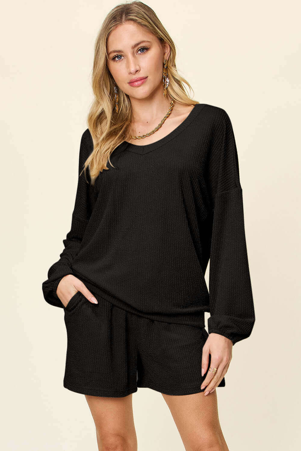 DOUBLE TAKE Full Size Texture V-Neck Long Sleeve T-Shirt and Shorts Set at Bella Road