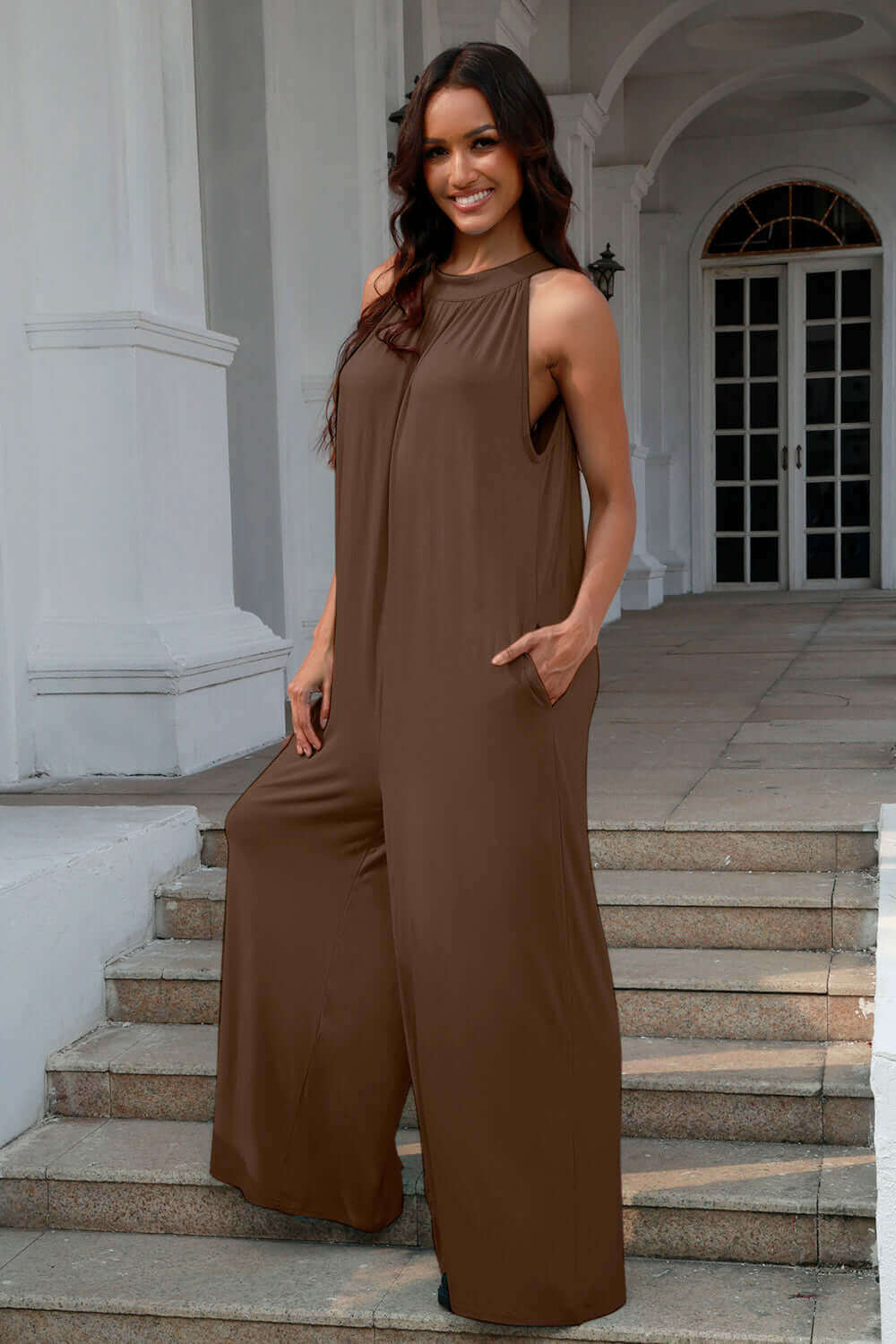 DOUBLE TAKE Full Size Tie Back Cutout Sleeveless Jumpsuit at Bella Road